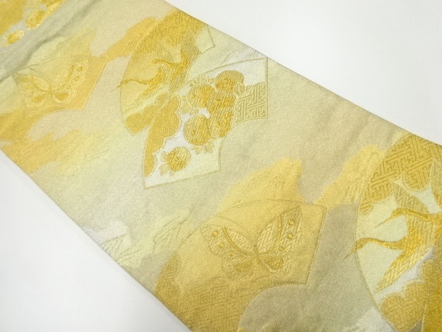 JAPANESE KIMONO / ANTIQUE FUKURO OBI / SILK / WOVEN JIGAMI & CRANES & BUTTERFLY